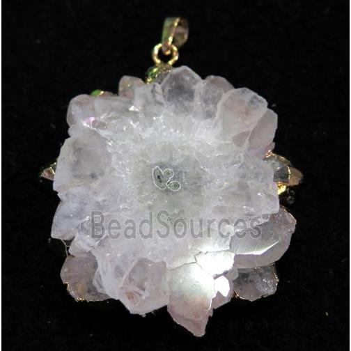 polished Solar Quartz drzuy pendant, freeform, white, gold plated