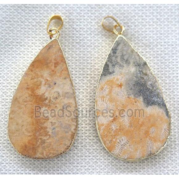 coral fossil teardrop pendant, gold plated