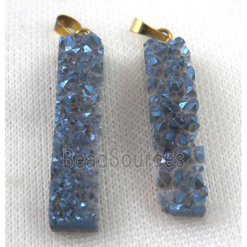 quartz druzy pendant, rectangle, blue electroplated