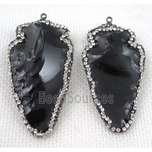 hammered black Obsidian penant paved rhinestone, arrowhead