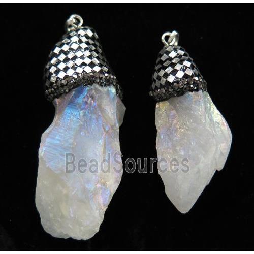 Clear Quartz Nugget pendant paved silver foil, rhinestone, freeform, white AB-color