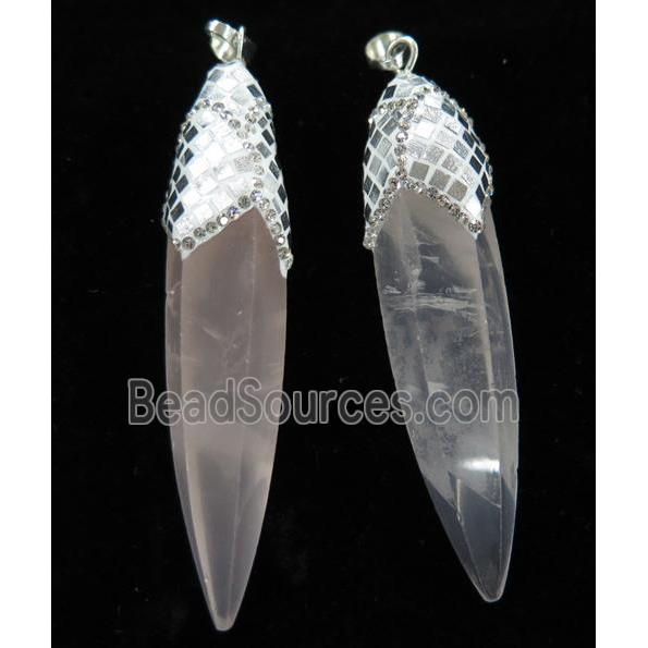 Rose Quartz Bullet Pendant Paved Silver Foil, rhinestone