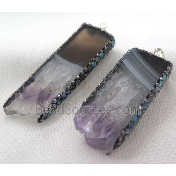 Amethyst rectangle pendant paved abalone shell foil, rhinestone