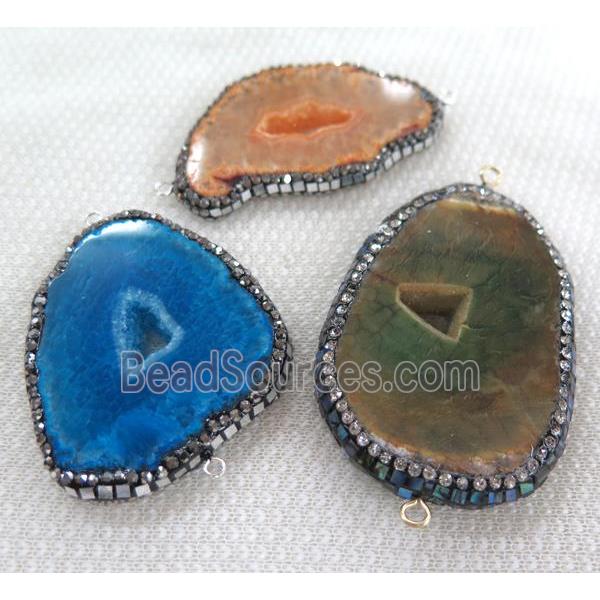 geode agate connector paved foil, rhinestone, mix color, freeform slice