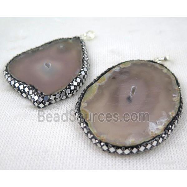 gray agate slice pave silver Foil, rhinestone, freeform