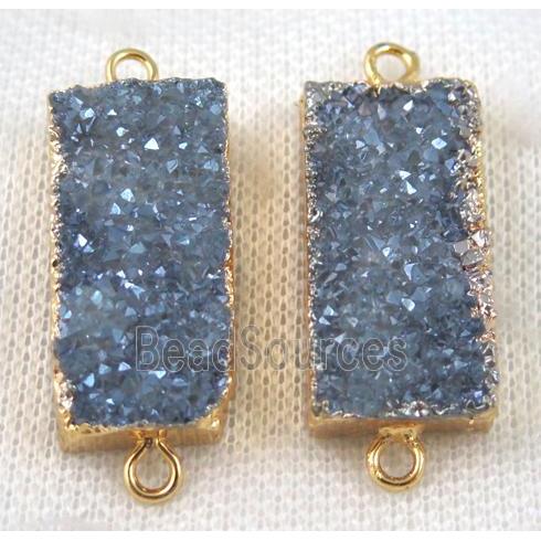 grayblue druzy quartz connector, rectangle, gold plated