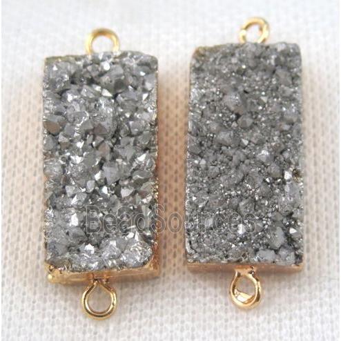 silver druzy quartz connector, rectangle, gold plated