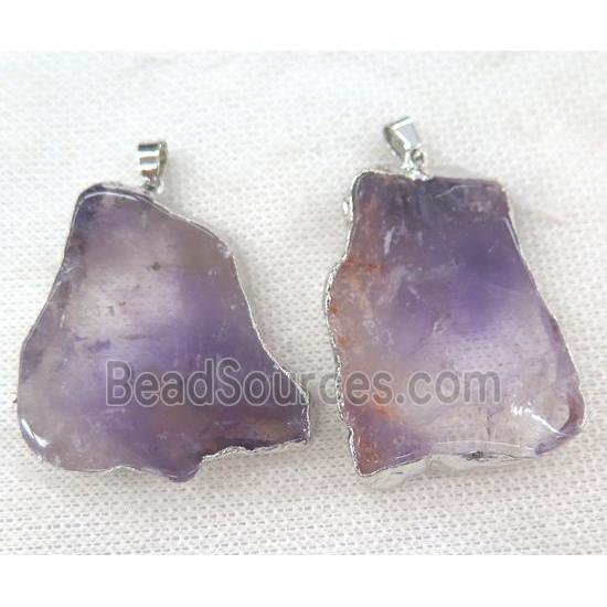 amethyst slice pendant, purple, point freeform, silver plated