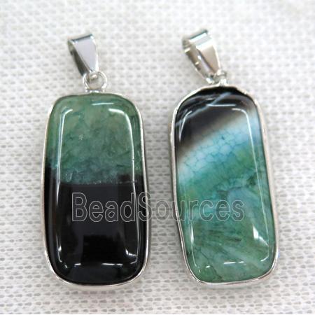 green druzy agate pendant, rectangle, silver plated