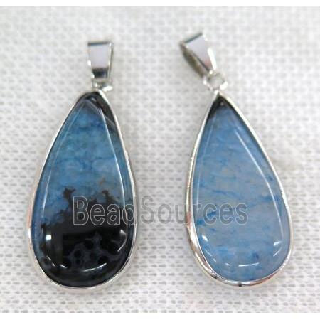 blue druzy agate pendant, teardrop, silver plated