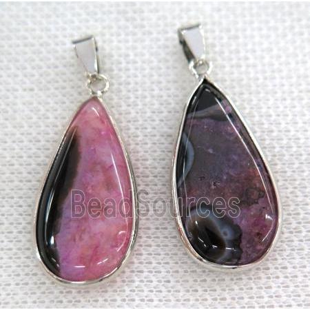 hotpink druzy agate pendant, teardrop, silver plated