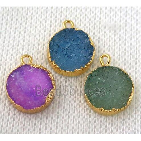 druzy agate pendant, mix color, flat-round, gold plated