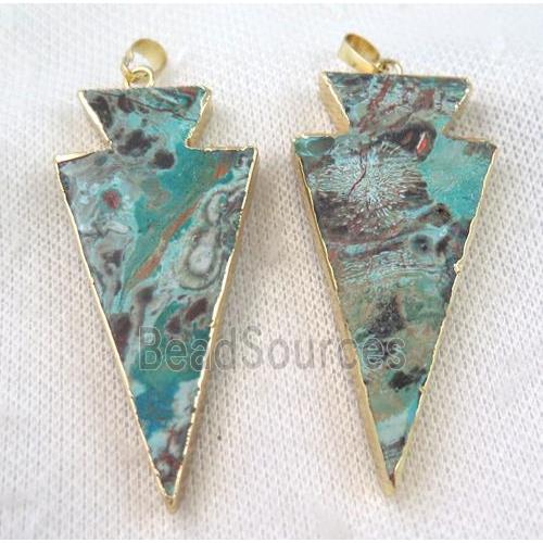 Ocean Jasper arrowhead pendant, blue, gold plated