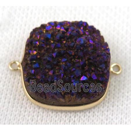 druzy quartz connector, square, purple electoplated