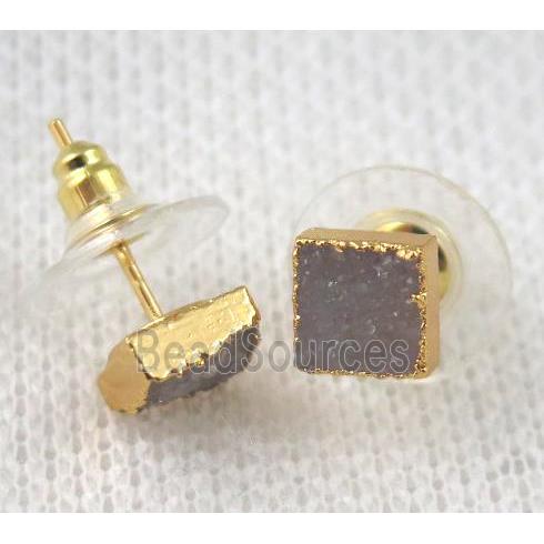 druzy agate earring natural color, square, gold plated