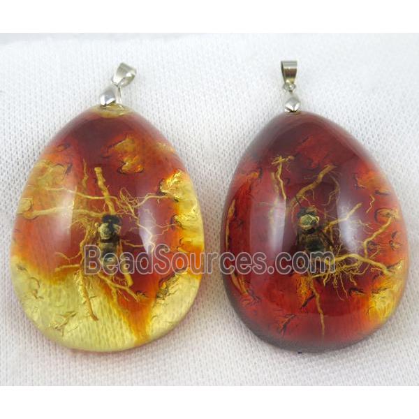 Amber teardrop pendant with bee, orange, NR