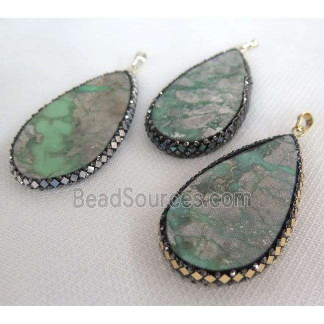 green apple Jasper pendant paved foil, teardrop