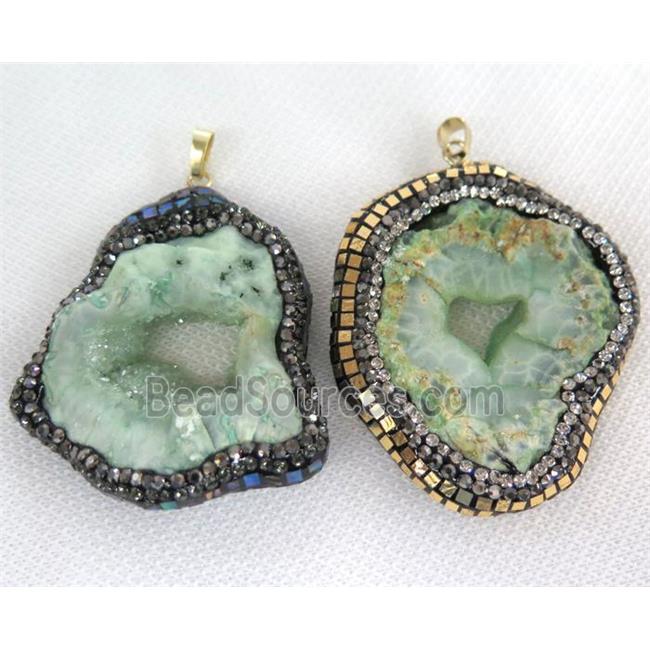 green Agate Druzy geode pendant paved foil, rhinestone, freeform