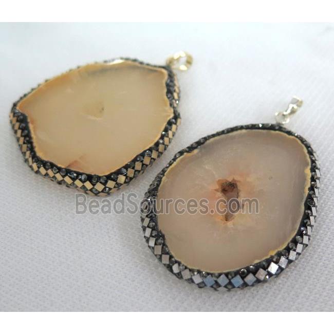 yellow agate druzy geode slice pendant paved foil, rhinestone, freeform