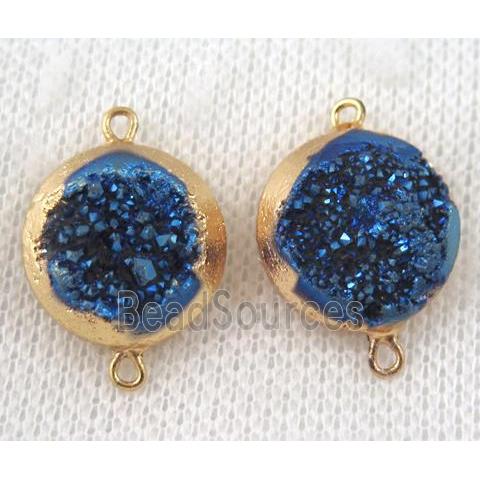 blue druzy quartz connector, flat round, gold plated