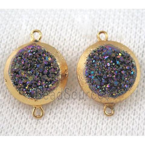 rainbow druzy quartz connector, flat round, gold plated