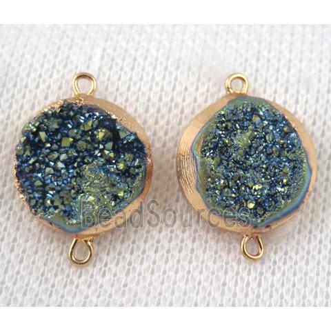 green druzy quartz connector, flat round, gold plated