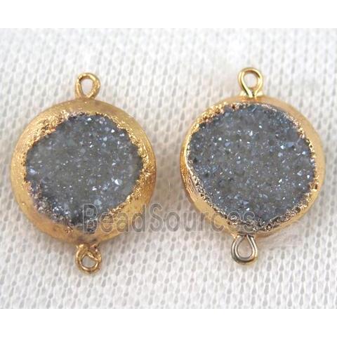 blue-gray druzy quartz connector, flat round, gold plated