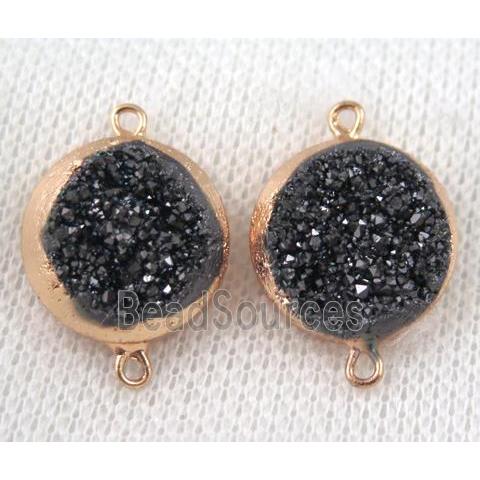 black druzy quartz connector, flat round, gold plated