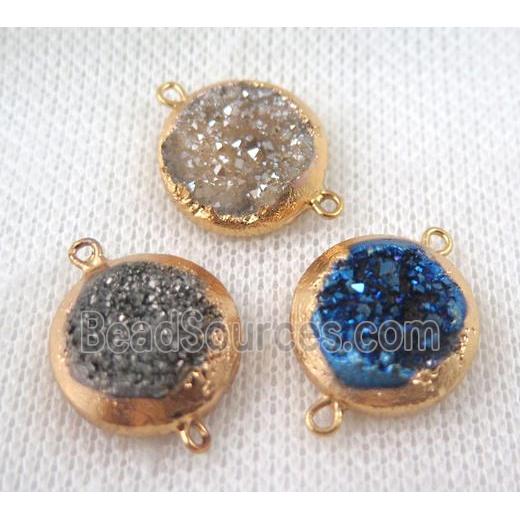 druzy quartz connector, mix color, flat round, gold plated