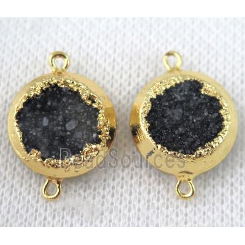 black druzy quartz connector, flat round, gold plated