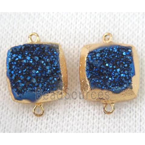 blue druzy quartz connector, square, gold plated