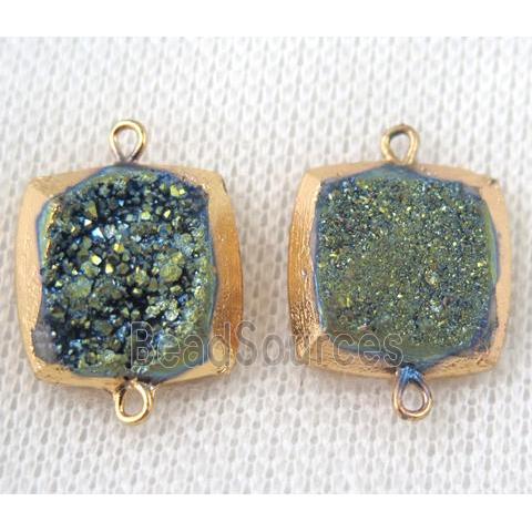 green druzy quartz connector, square, gold plated