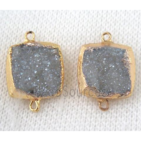 light blue-gray druzy quartz connector, square, gold plated