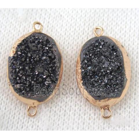 black druzy quartz connector, oval, gold plated