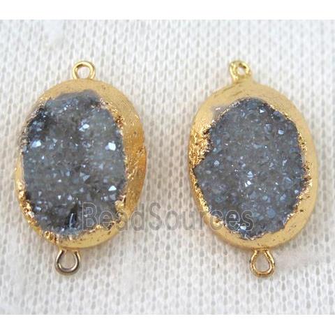 light blue-gray druzy quartz connector, oval, gold plated