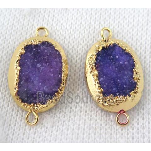 purple druzy quartz connector, oval, gold plated