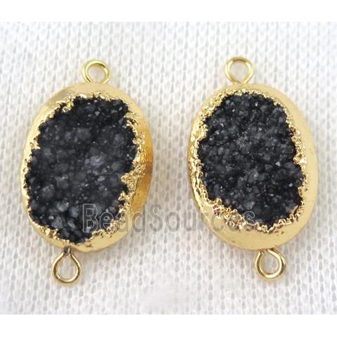 black druzy quartz connector, oval, gold plated