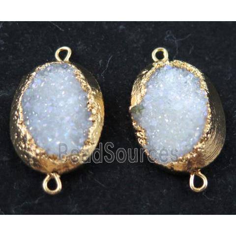 white AB-color druzy quartz connector, oval, gold plated