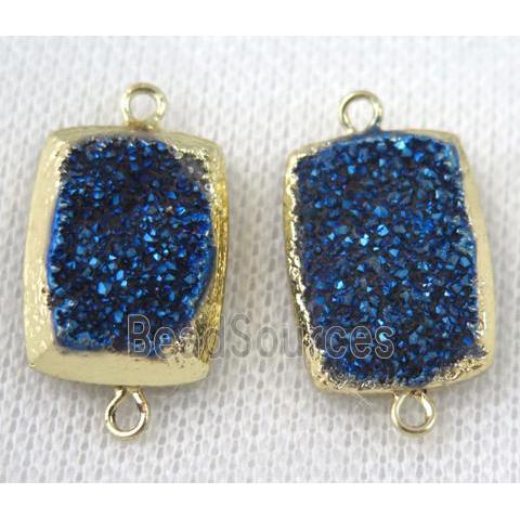 blue druzy quartz connector, rectangle, gold plated