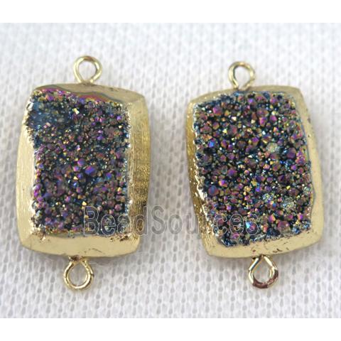 rainbow druzy quartz connector, rectangle, gold plated