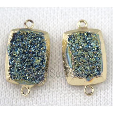 green druzy quartz connector, rectangle, gold plated