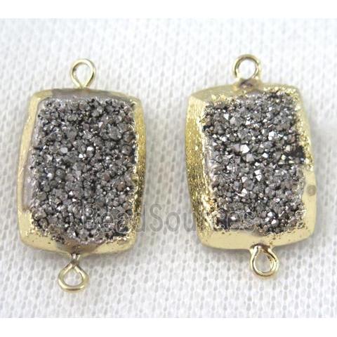 silver druzy quartz connector, rectangle, gold plated