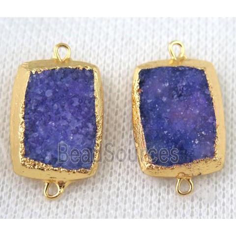 purple druzy quartz connector, rectangle, gold plated