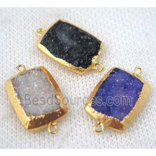 mixed druzy quartz connector, rectangle, gold plated