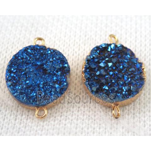 blue druzy quartz connector, flat round, gold plated