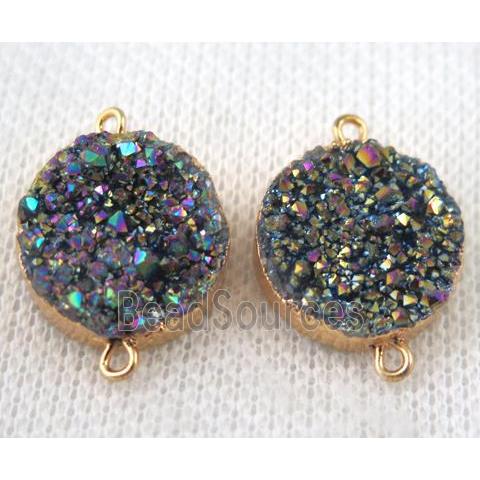 rainbow druzy quartz connector, flat round, gold plated