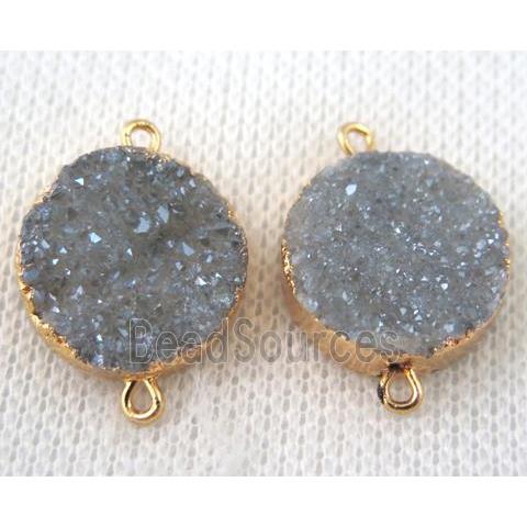 light blue-gray druzy quartz connector, flat round, gold plated