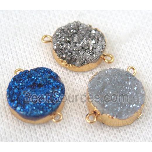 druzy quartz connector, mix color, flat round, gold plated