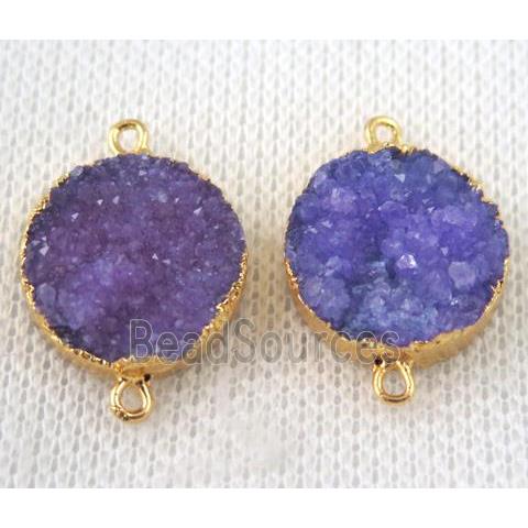 purple druzy quartz connector, flat round, gold plated