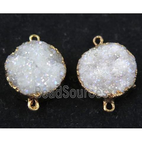 white AB-color druzy quartz connector, flat round, gold plated